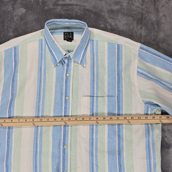 Jos A Bank Travelers Linen Button Shirt Mens XL Beige Blue Stripe Beach Casual - Picture 5 of 7